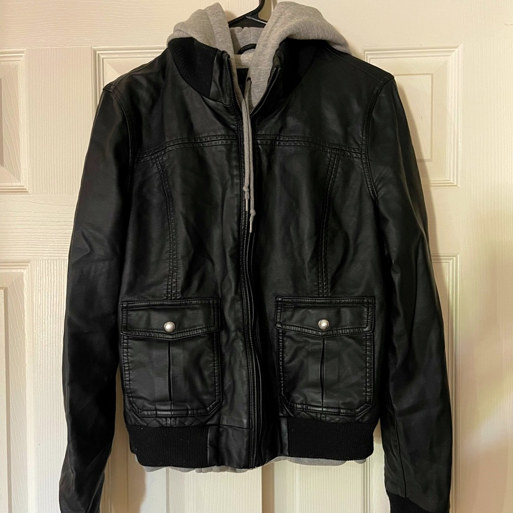 Women's OBEY Leather Zip Jacket Hoodie Size L
